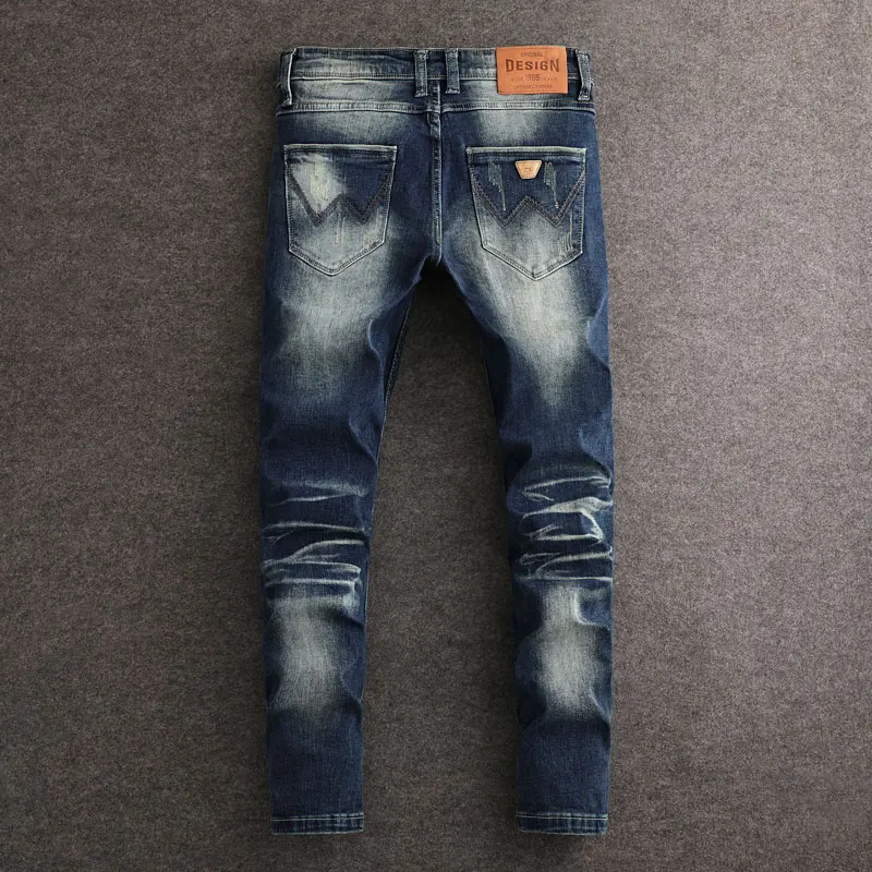 

Designer Fashion Men Jeans Retro Washed Blue Stretch Slim Fit Ripped Jeans Men High Quality Y2K Vintage Casual Denim Pants