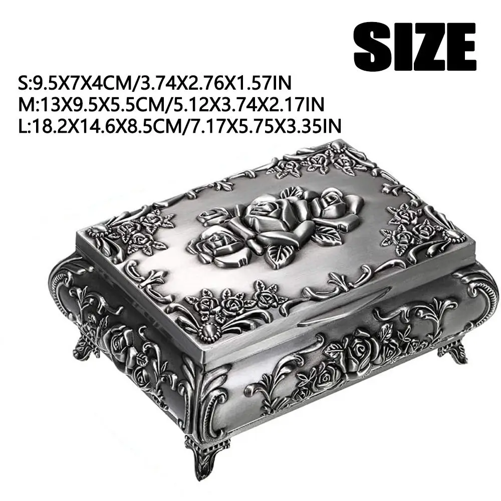 Metal Vintage Jewelry Box Gift Rose Floral Engraved Treasure Chest Luxury Large Capacity Necklace Storage Case Trinket