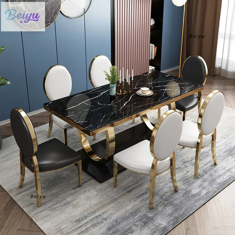 

New rectangular living room marble combination dining table and chairs light luxury household set dining table high-end hotel di
