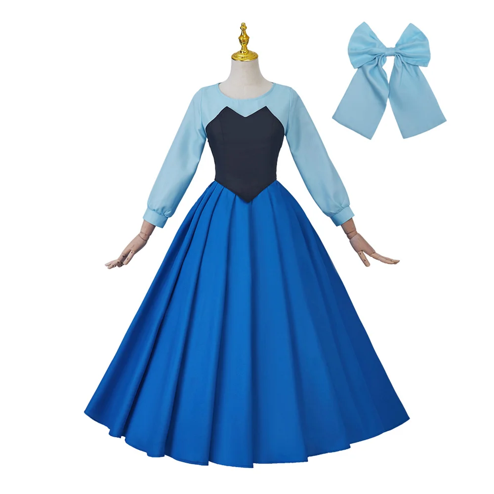 Mermaid Cosplay Ariel Blue Dress with Bowknot Headwear for Women Elegant Princess Ball Gown Halloween Carnival Party Costume