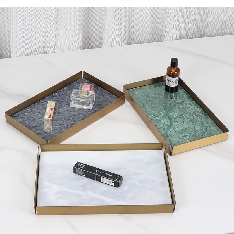 European light luxury rectangular metal frame marble tray Living room home trays decorative Fruit dish bathroom storage