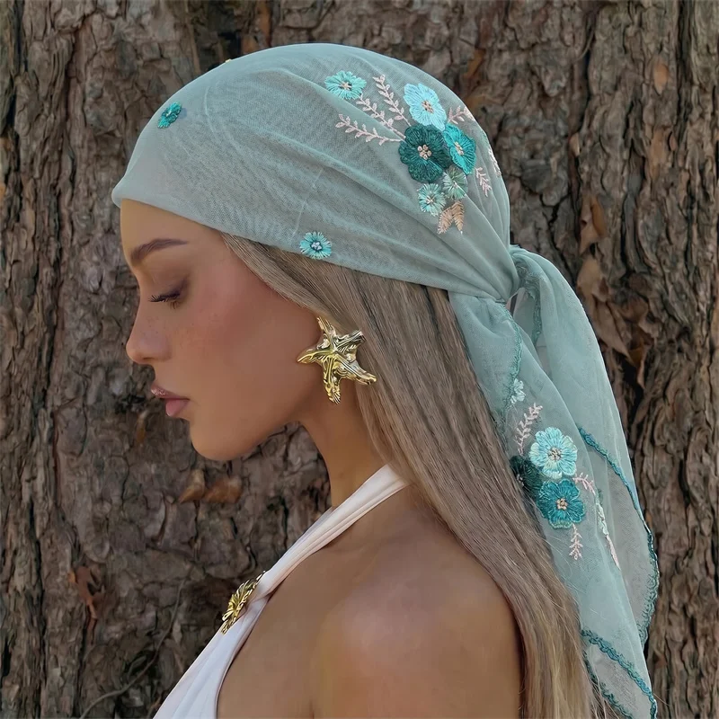 Boho Floral Embroidered Square Scarf Soft Mesh Shawl and Bandana Women Beach Head Wrap Muslim Hijab Multi-purpose Scarves