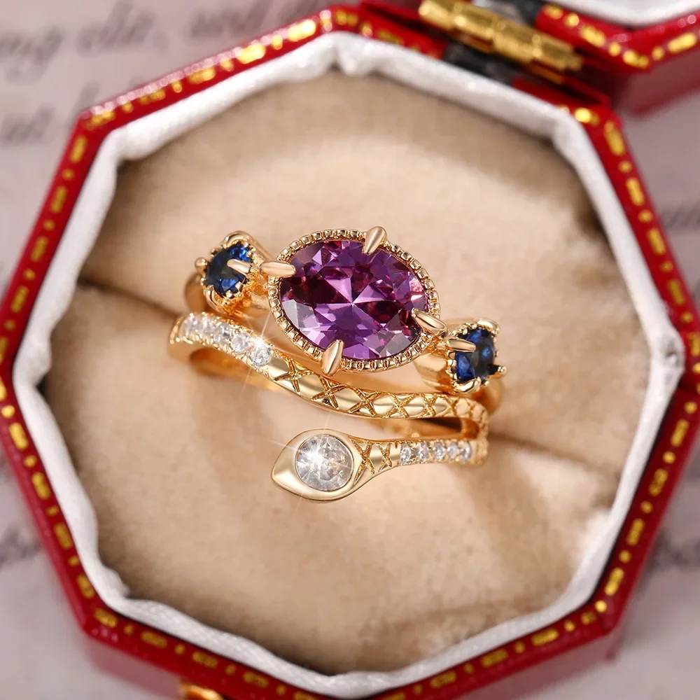 2024 New Westernized Art Retro Bronze Set Ring Women's  Exotic Purple Zircon Snake  Ethnic Style Headpiece Jewelry