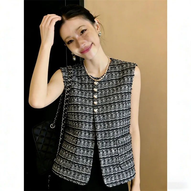 Women's Vest Small Fragrant Style Round Neck Vest Jacket Woman Spring Autumn Outdoor Wear Camisole Sleeveless Coat Top Female
