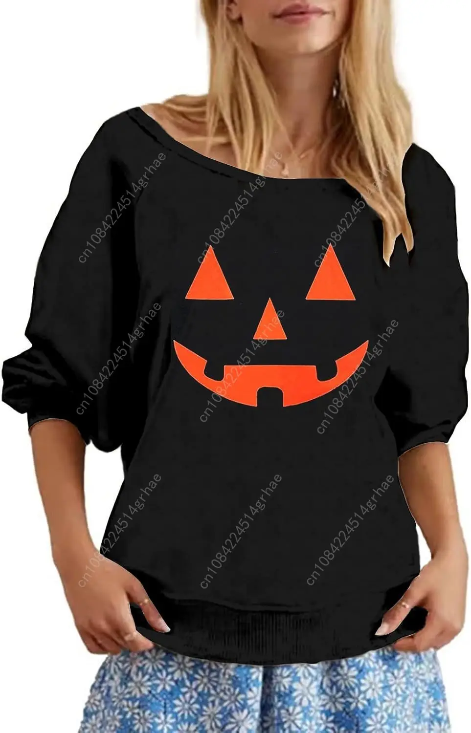 Halloween Sweatshirt Dames Off Schouder Heksenkostuum Pompoen Sweatshirts met lange mouwen