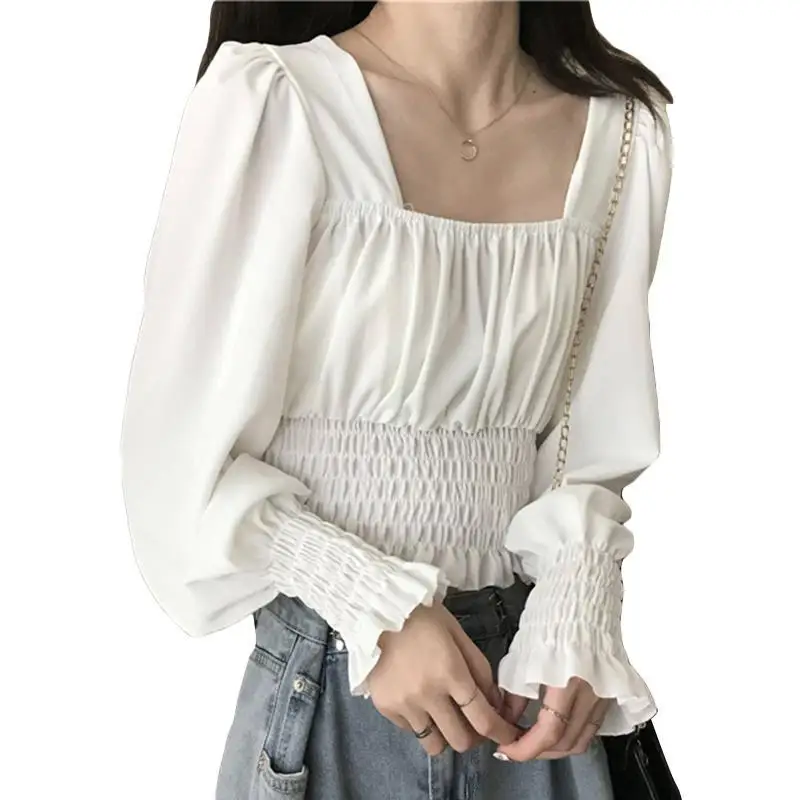 Spring Summer New Short Pleated Korean White Blouse Long Sleeve Solid Color All-match Shirt Tops Sweet Elegant Women Clothing