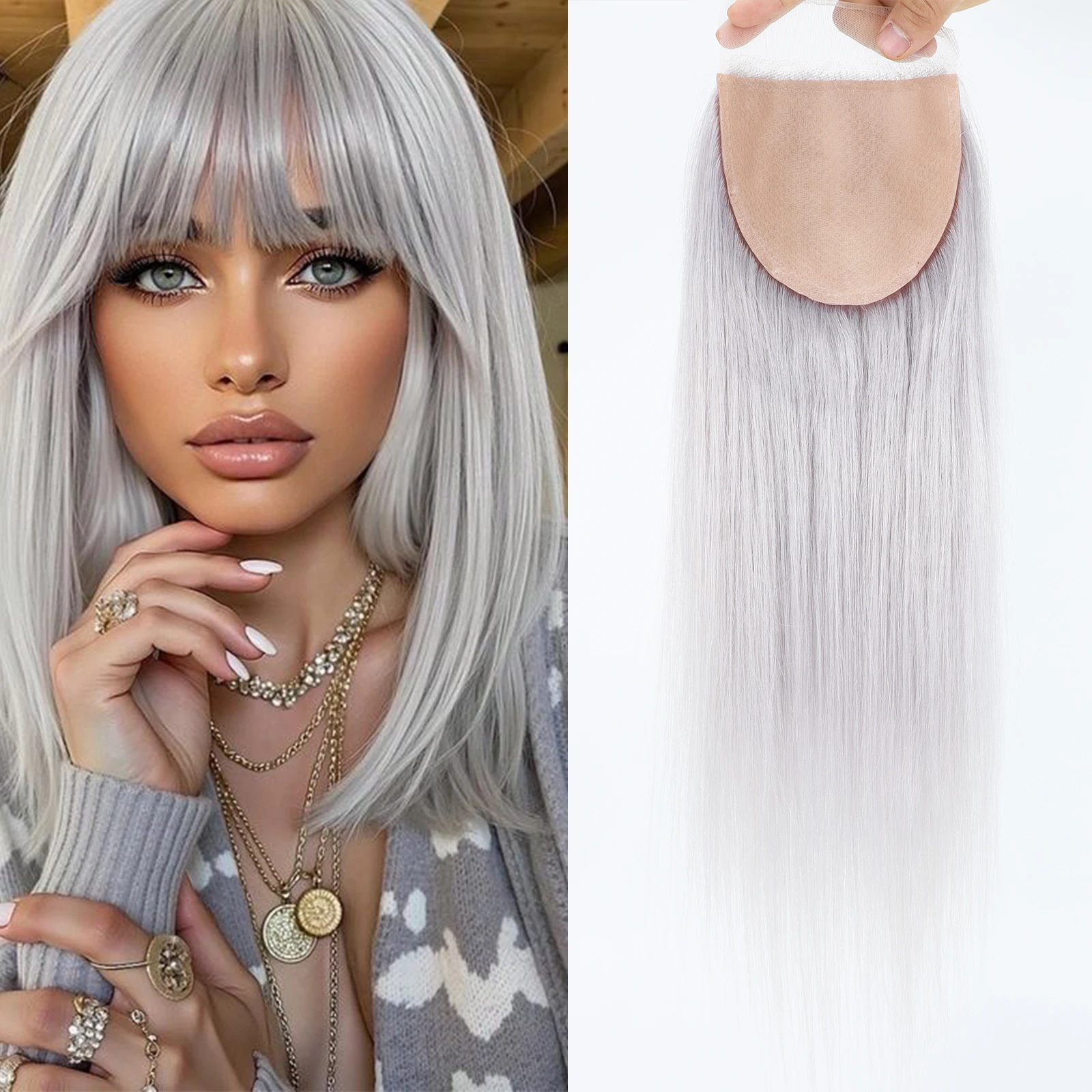 

Grey Silk Top Lace Closure with Bangs Virgin Human Hair 5x5inch Silicon Skin Base Topper Pre Plucked with Baby Hair