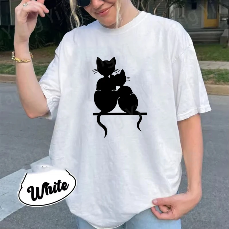 Cat Cuddling Together Pattern Men Women Cotton T-Shirt Fashion Short Sleeve Casual Summer Street Simple Loose Tops Neutral Tees
