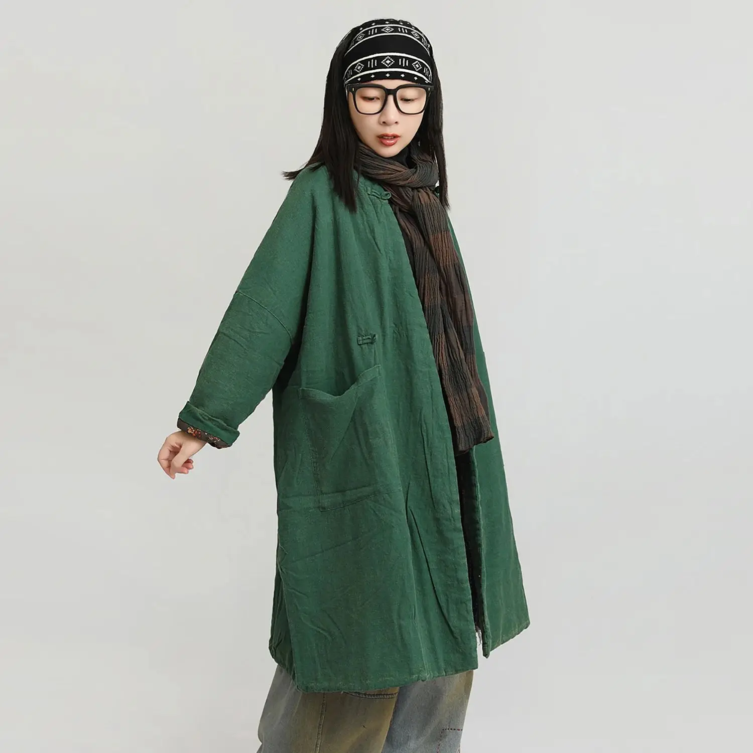 LZJN المرأة الشتاء بلون القطن الكتان خمر Arty فضفاض منتصف طول مبطن الوقوف طوق الضفدع زر معطف الموضة الدافئة #5