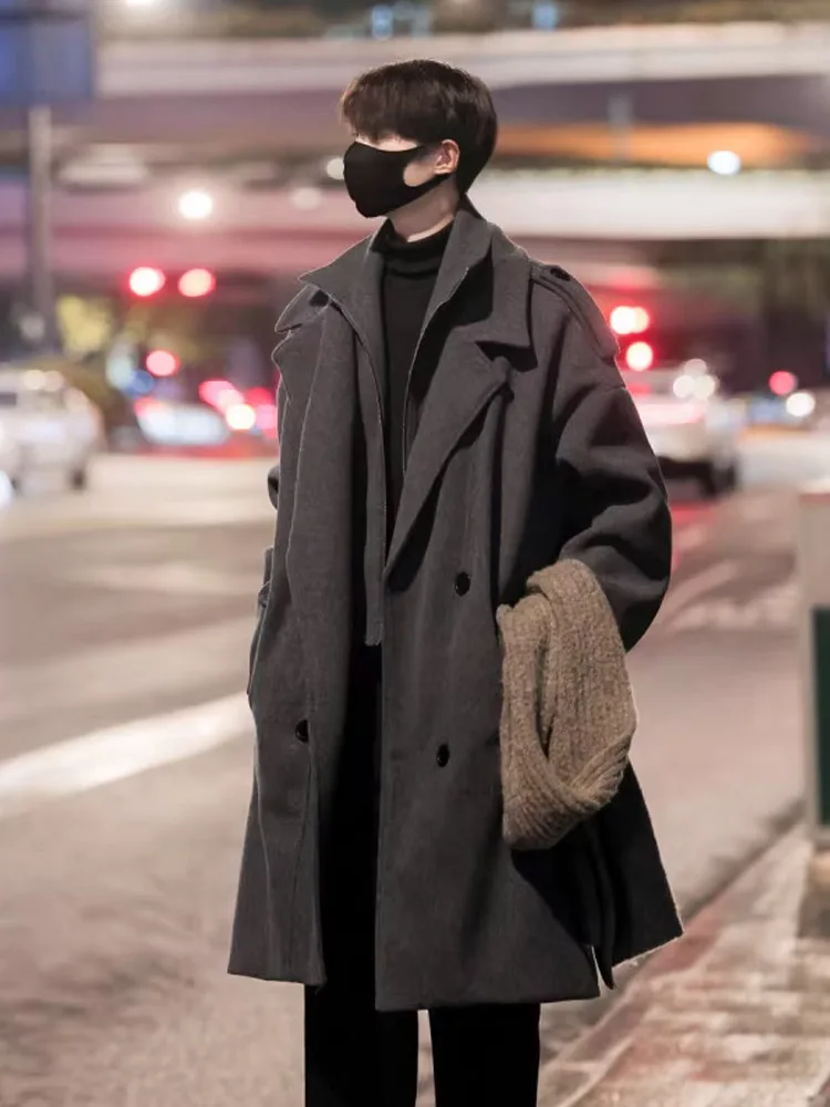 

ay Woolen Coat Men's Thiened Over-Knee Mid-Length Autumn Winter Faionable Outerwear Classy Feel Polyester Fiber Warmth