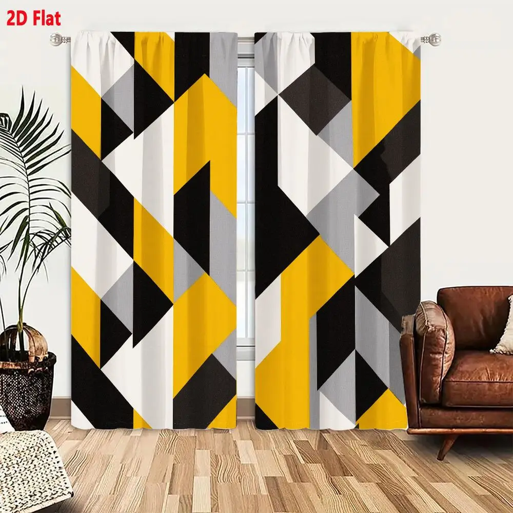 2Pcs Curtains Add 2D Flat Geometric Pattern Cubes Rectangular Prisms Optical Illusion Depth Mustard Yellow Black White Gray Mode