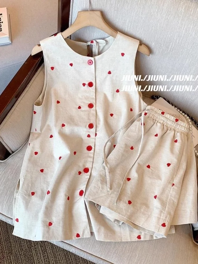 

Sweet Cute Red Heart Embroidery High Quality Linen 2 Piece Sets Button Up Jacket Vest and Short Pants Casual Loose Frence Style