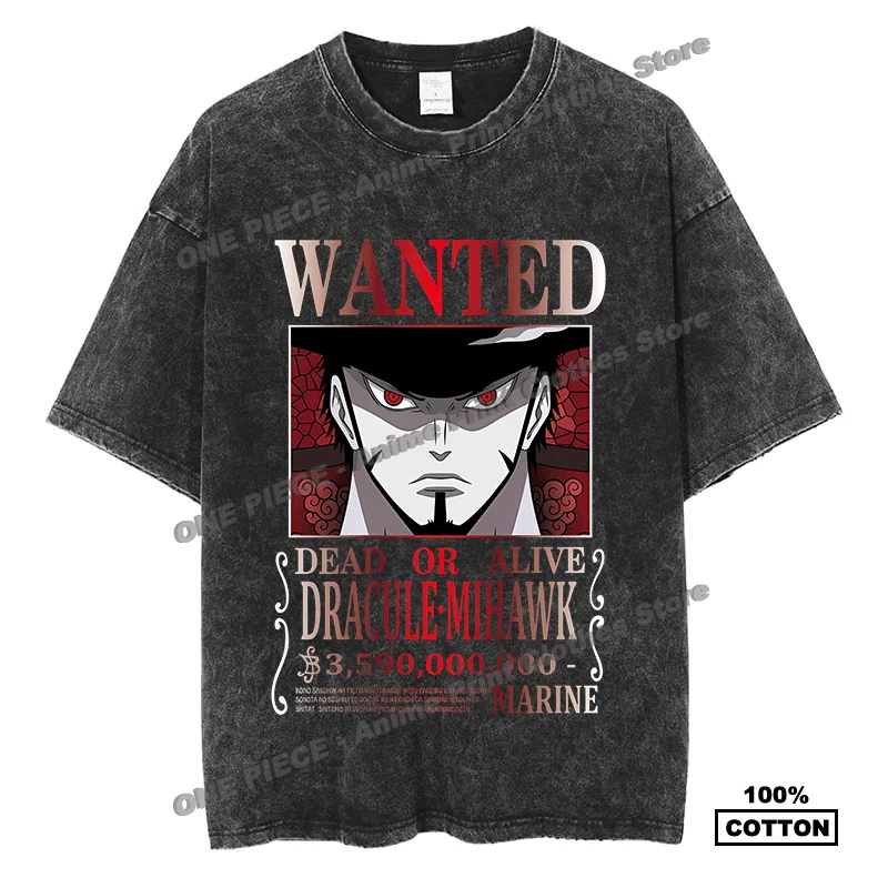 

Anime One Piece - Mihawk Eagle's Eye Wanted Print T-shirts y2k Harajuku Hip Hop Men Women Short Sleeve Cotton Vintage Loose Tees