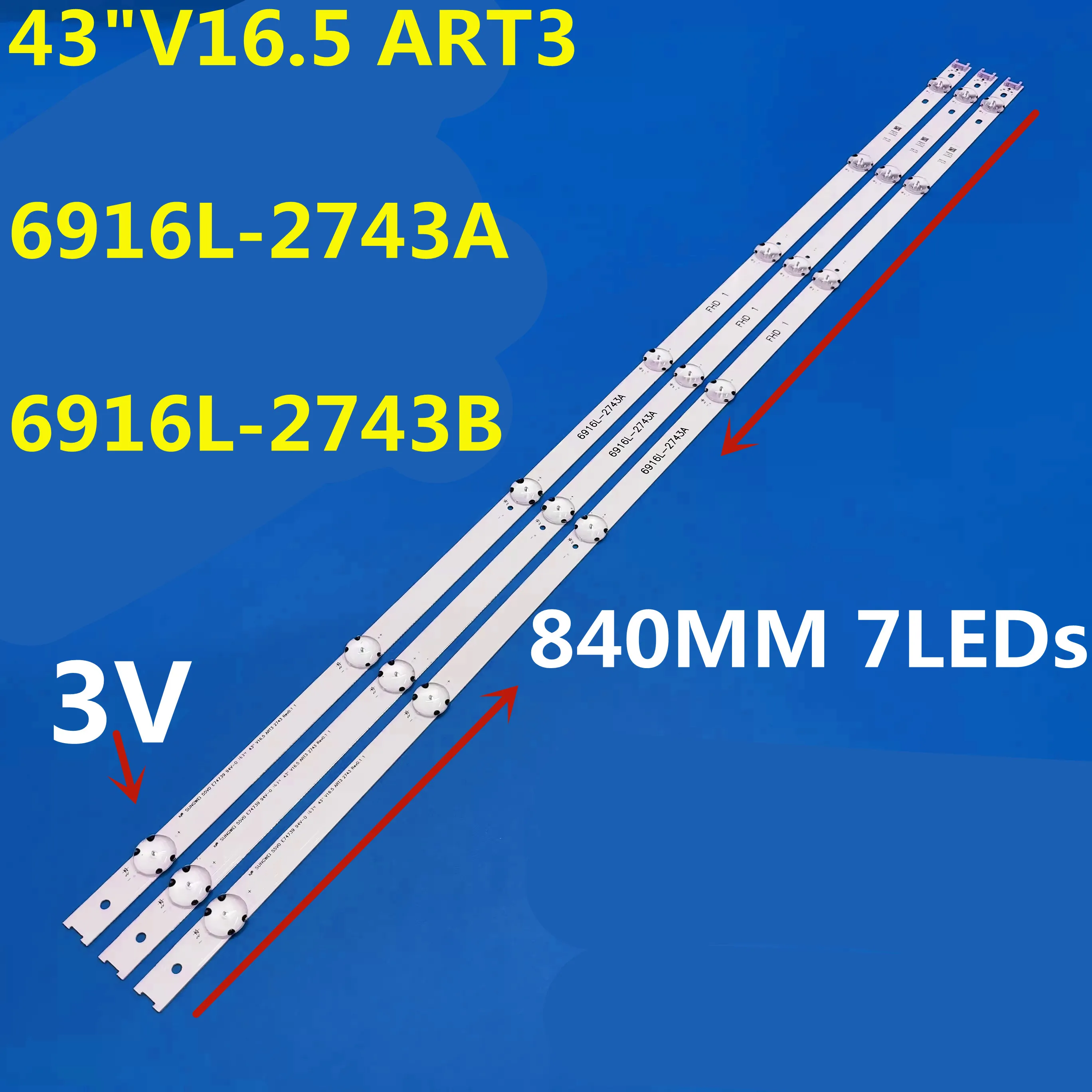 Lâmpada de tira LED para 43 "V16.5, ART3 6916L-2743A 6916L-2743B 43LH5100 43LH5700-CD 43VH6100-CB 43LG61CH-CK 43LW540 LC430DUE, 3 peças