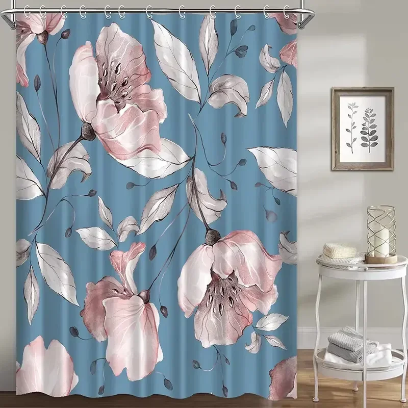 

PO01 Floral Shower Curtains For Bathroom Pink Rose Flower Bath Curtain Set Gray Backdrop Polyester Cloth Simple Home Decor With