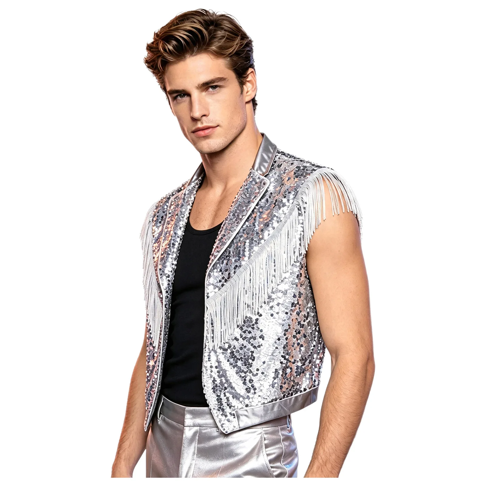 Mens 70s Disco Prom Vest Coat Hip Hop Jazz Dance Costume Shiny Sequin Lapel Sleeveless Tassel Open Front Tank Top Stage Clubwear