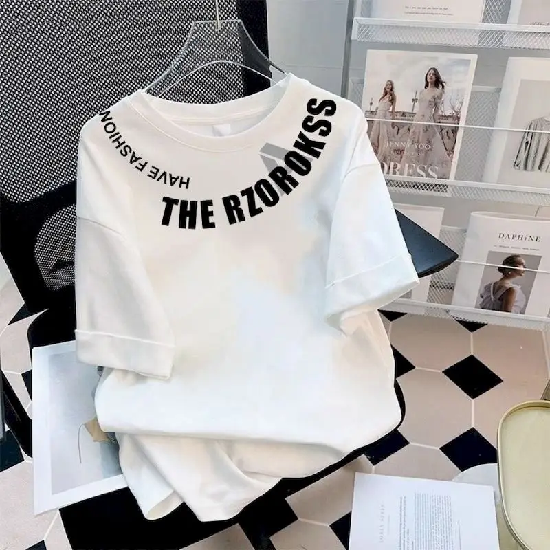 Cotton T Shirt Women Fashion Design Niche Letter Round Neck T-shirt Short-sleeved Mid-length Loose Casual Summer Tshirts