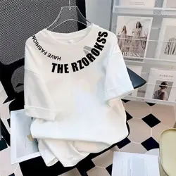 Cotton T Shirt Women Fashion Design Niche Letter Round Neck T-shirt Short-sleeved Mid-length Loose Casual Summer Tshirts
