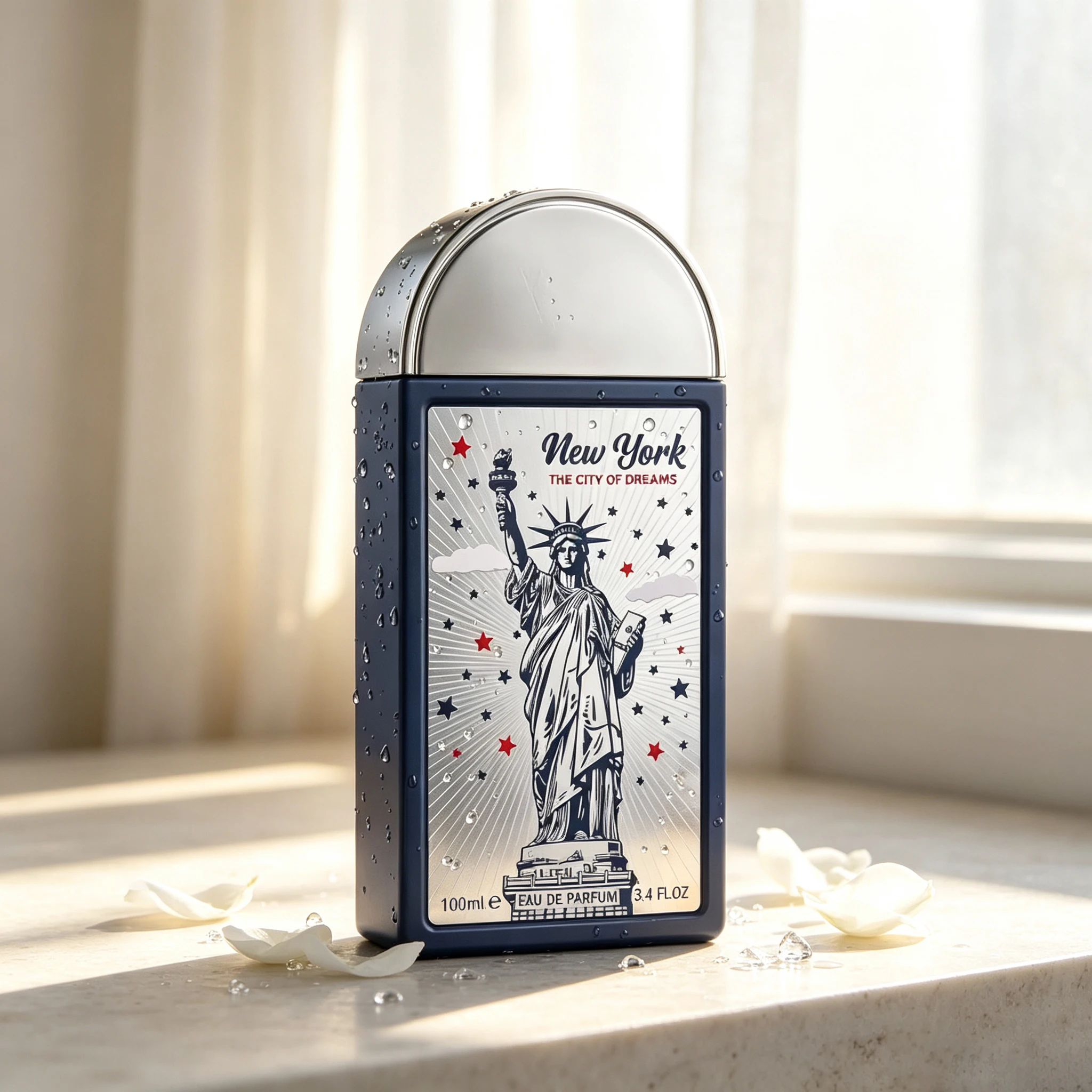 New York Dream City! The Bottle Features a Relief Of The Statue Of Liberty, And The Deep Blue Luxury Gift Box Commands Immediate Presence When Held In Hand