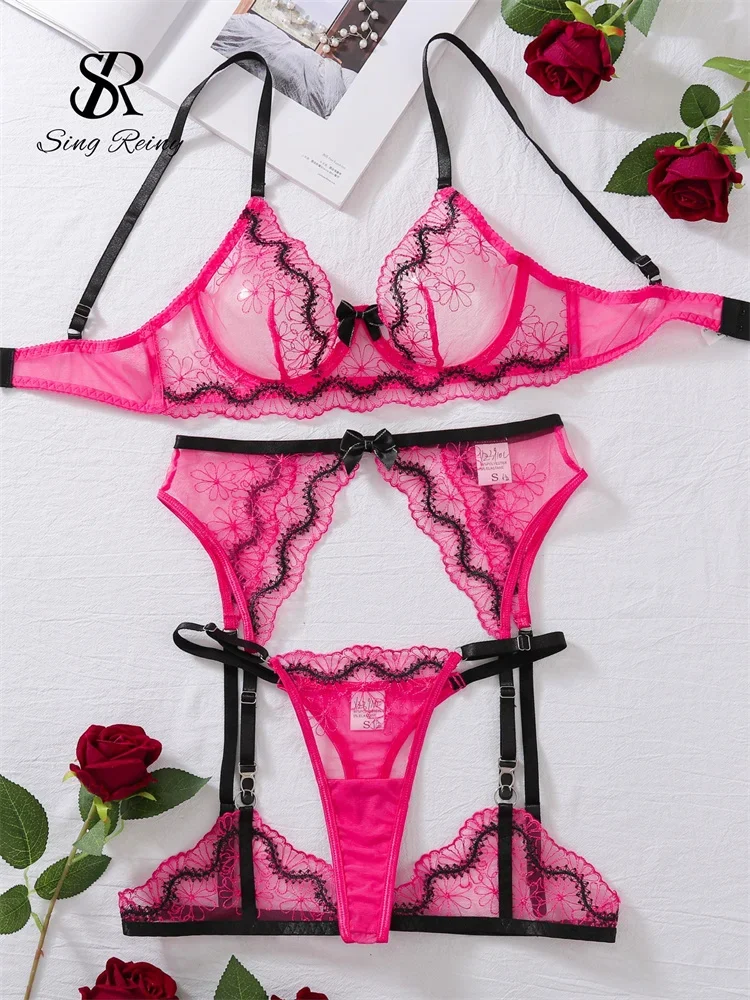 

SINGREINY Transparent Sexy Underwear Sets Ladies Strap Bow Bra+Porno Thongs Hotsweet Embroidery Lace Lingerie Three Pieces Suits