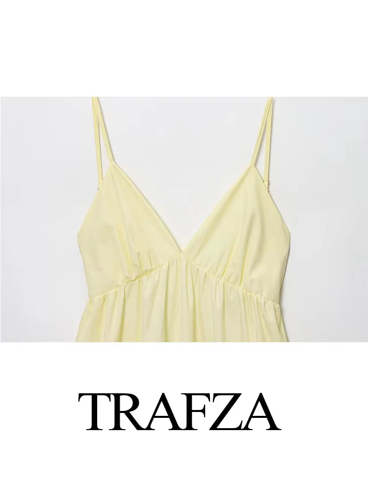 

TRAFZA Women's Summer V-Neck Solid Slim Pleated Sleeveless Long Dress Female Elegant Backless Sexy Beach Party Midi Sling Dress
