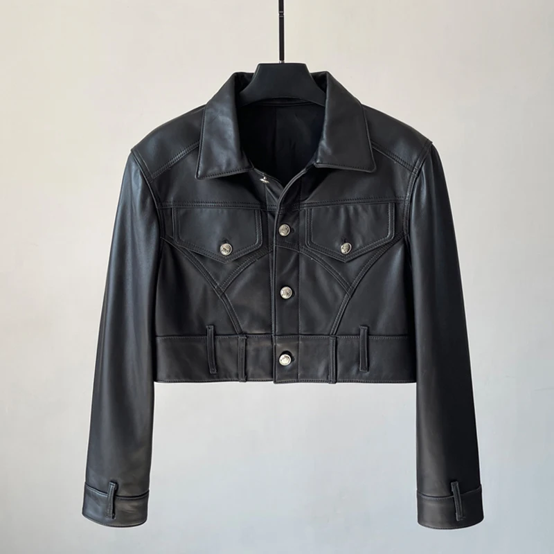 Fashion Cropped Sheepskin Embroidered Biker Jacket for Women 2025 New Real Leather Long Sleeve Single-breasted Jacket Coats