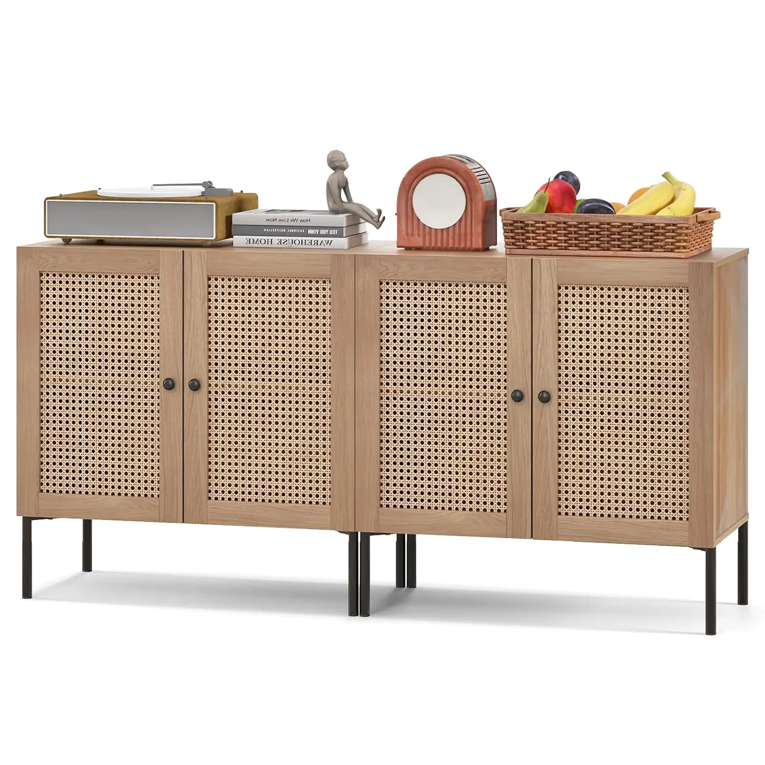 Buffet Cabinet Rattan Door Set 2, Sideboard Adjustable Shelf Metal Legs Coffee Bar Kitchen Hallway, Customized