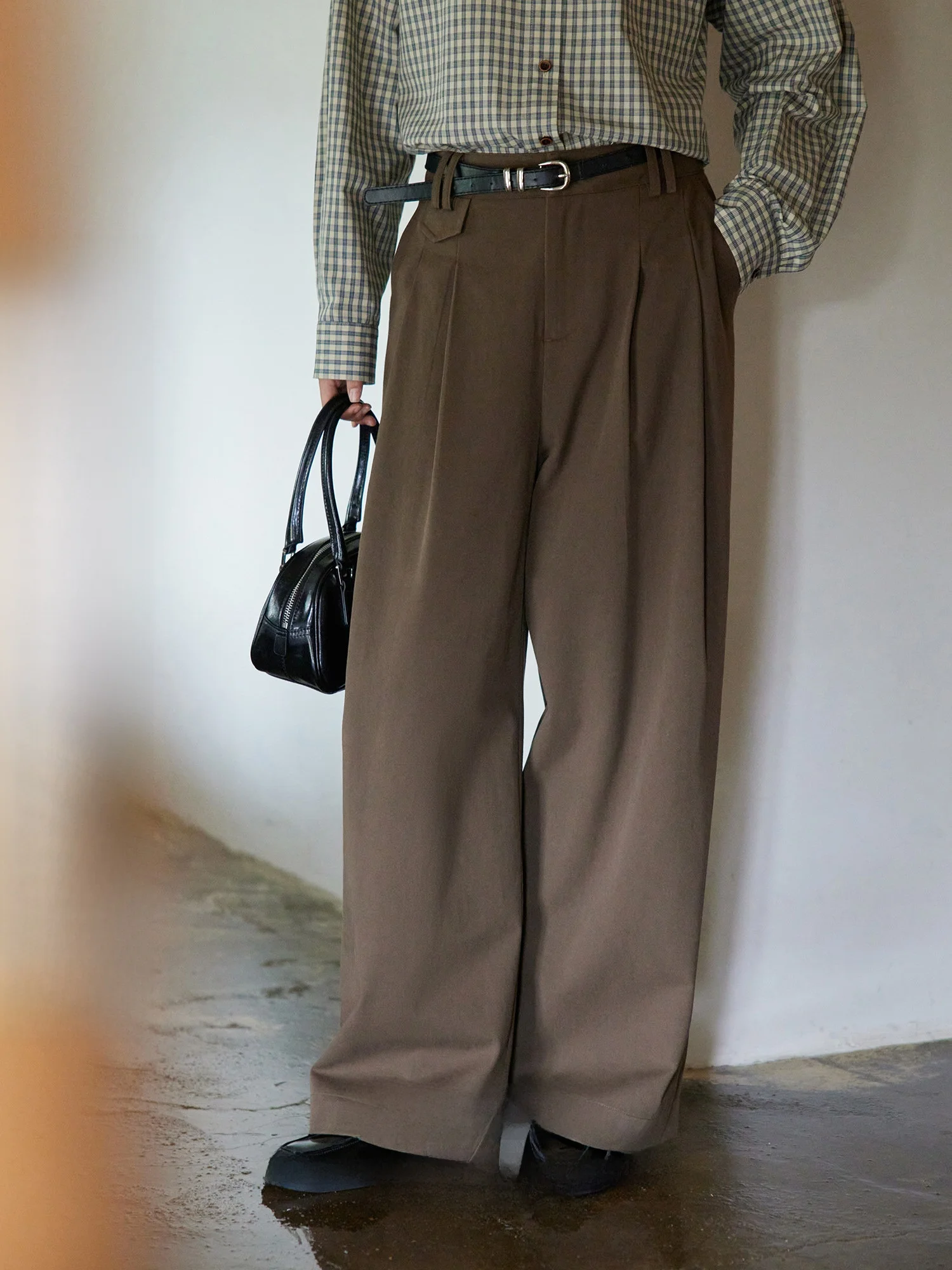 

Женские брюки с высокой талией и широкими штанинами цвета хаки, свободного кроя, повседневные, осенние 2025, винтажные, для офиса, прямого кроя