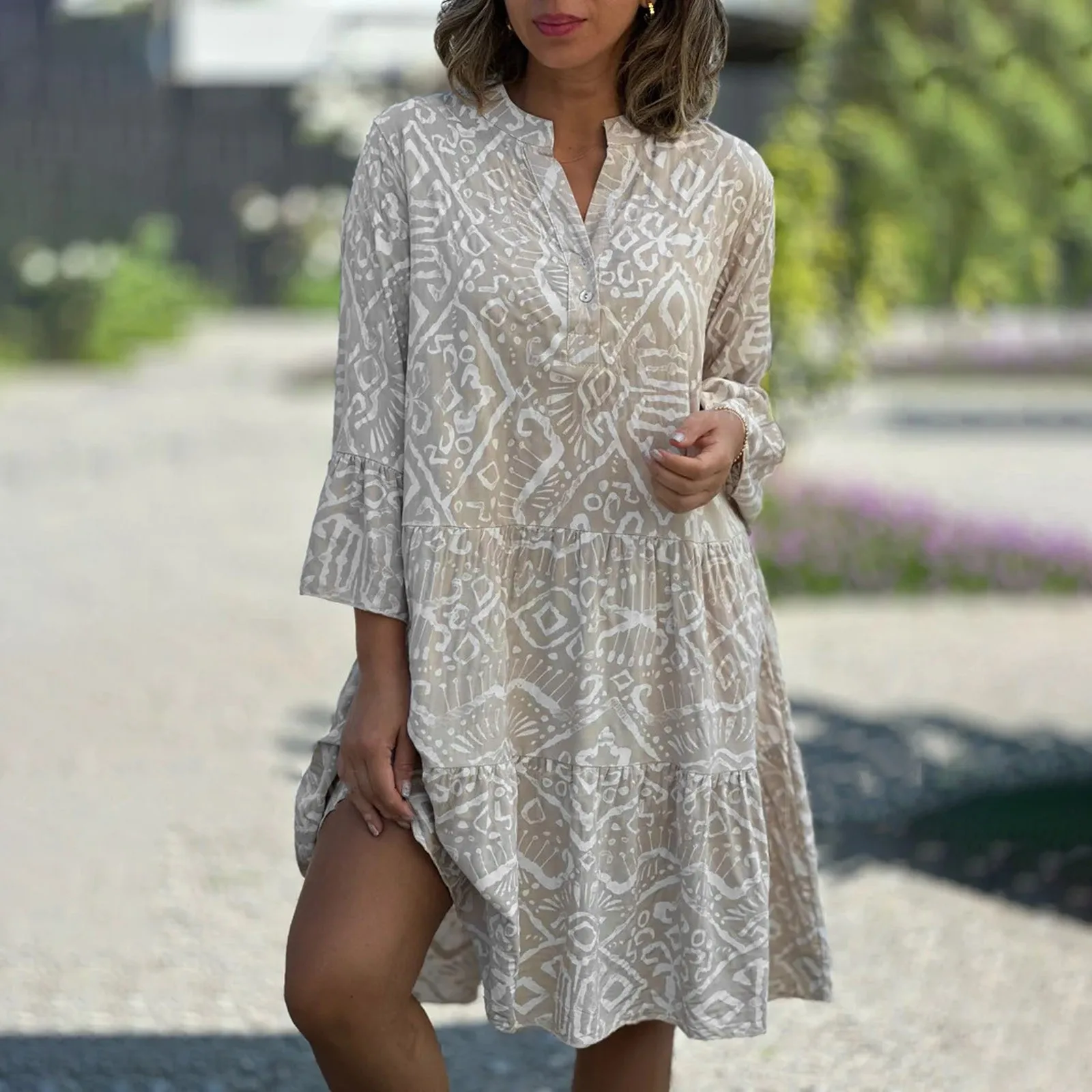 

Women Casual Dress Print V Neck Bohemian Quarter Sleeve Midi Long Dresses Elegant Pleated Loose Sundresses Fashion Vestidos