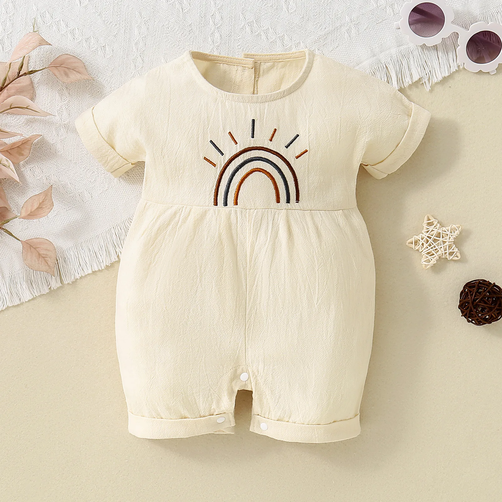 Baby Boys round Neck Solid Color Short Sleeve Romper Suit Pure Color Short Sleeve Bodysuit for Infants
