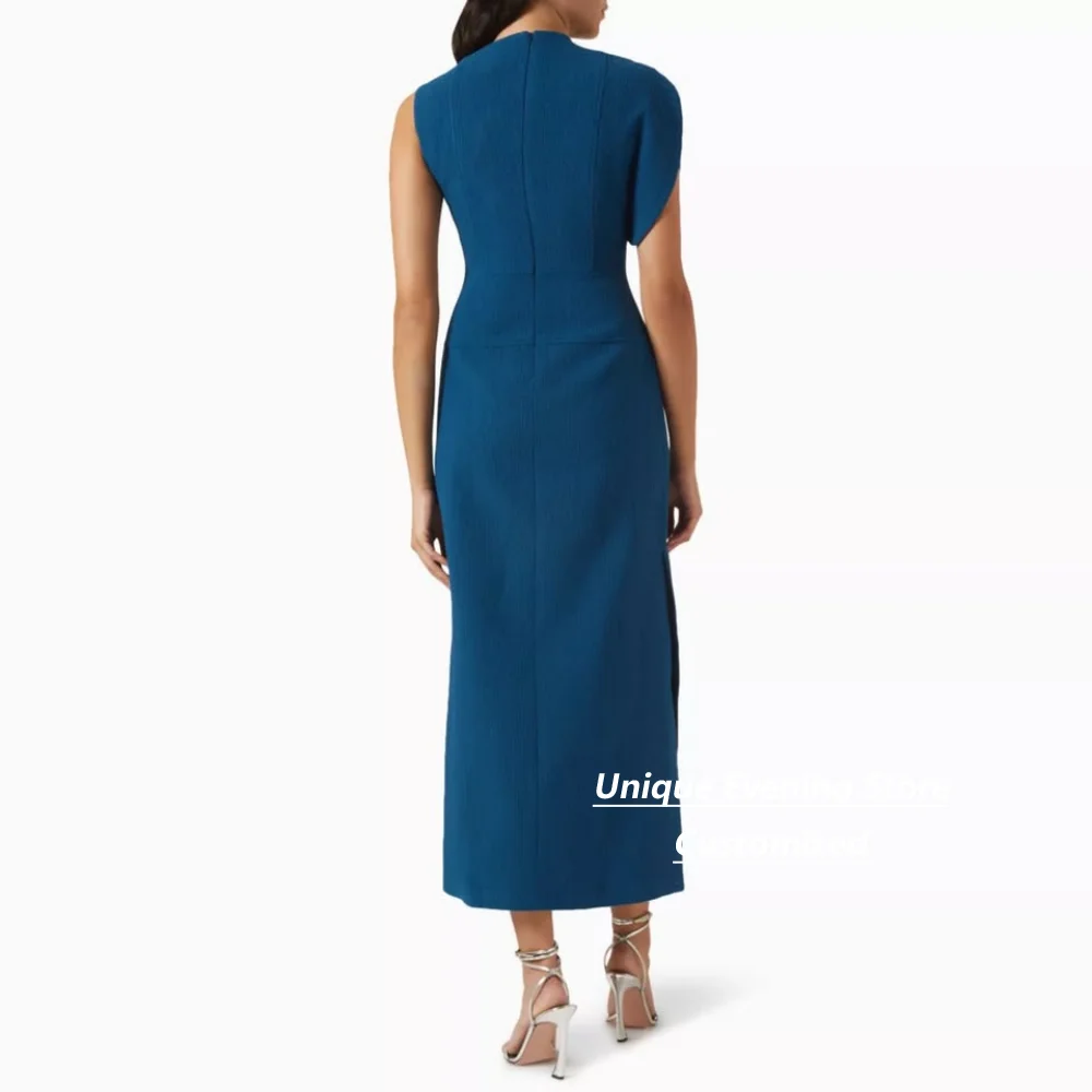 Customized Teal Blue Asymmetric Neck Crepe Midi Dress Sleeveless With Side Slit Mother Of Bride Wedding Guest Office Occasions