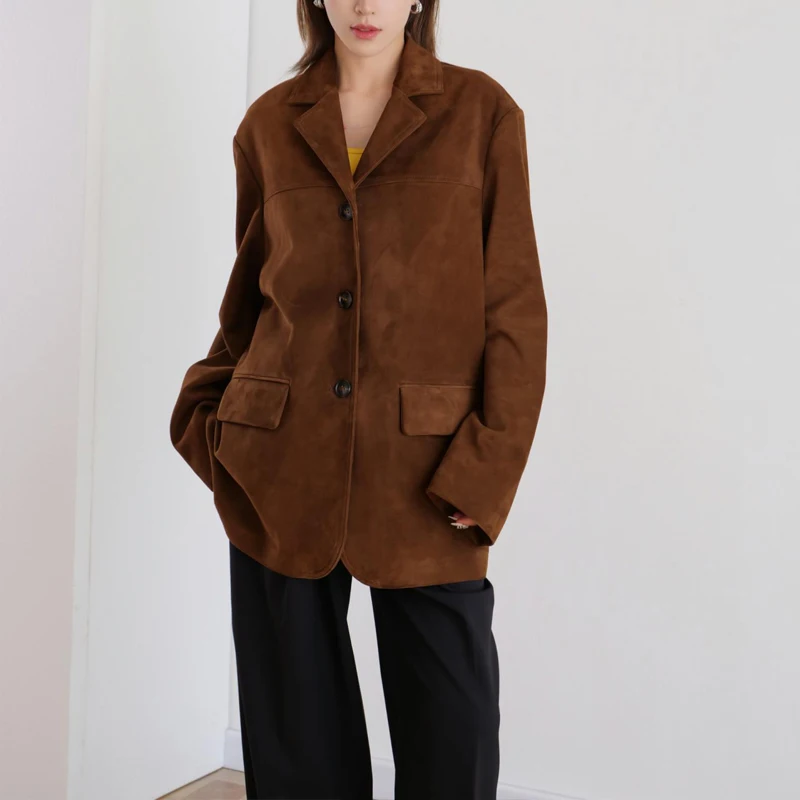 Vestes en peau de mouton véritable pour femmes, revers en peau d'agneau en daim, simple boutonnage, blazer marron vintage pour dames, vestes de combinaison, nouveau, 2024