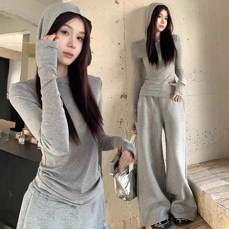 Shpmshal Advanced Casual Sports Women's Autumn New Korean Version Slim Fit Fashionable Hooded Top Wide Leg Pants Two-piece Set