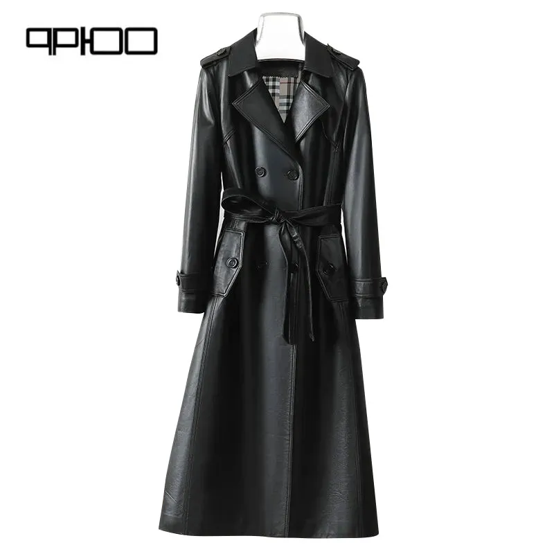 Leather leather women long waist sheep coat 2024 spring and autumn new high-end temperament coat women