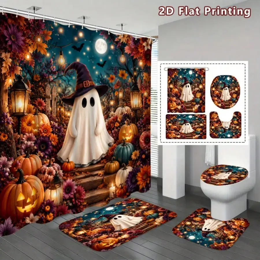 4Pcs Vintage Gothic Pink Bow Ghost Shower Curtain Set, Lace Pumpkin Rose Candle Print Bathroom Decor, Non-Slip Bath Mat, U-Shape