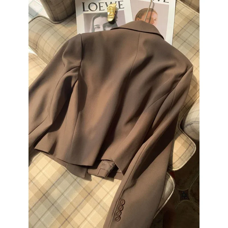 Short Blazers for Women Jacket with Single Button Wide Decoration Loose Suit Coffee/black