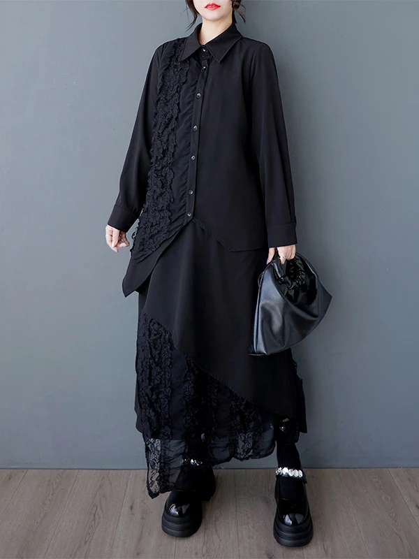 Spring Autumn 2025 New Sle k Loose Artistic Heavyweight Lace Trim Splicing irt Top f-length Skirt Irregular Hemline