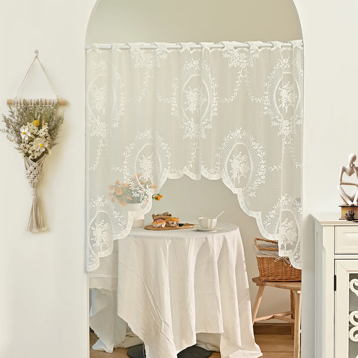 Window Valance Mirror-flowered Lace Half-curtain Window Screen Grommet Top 150x100cm White Valances for Kitchen Coffee Room