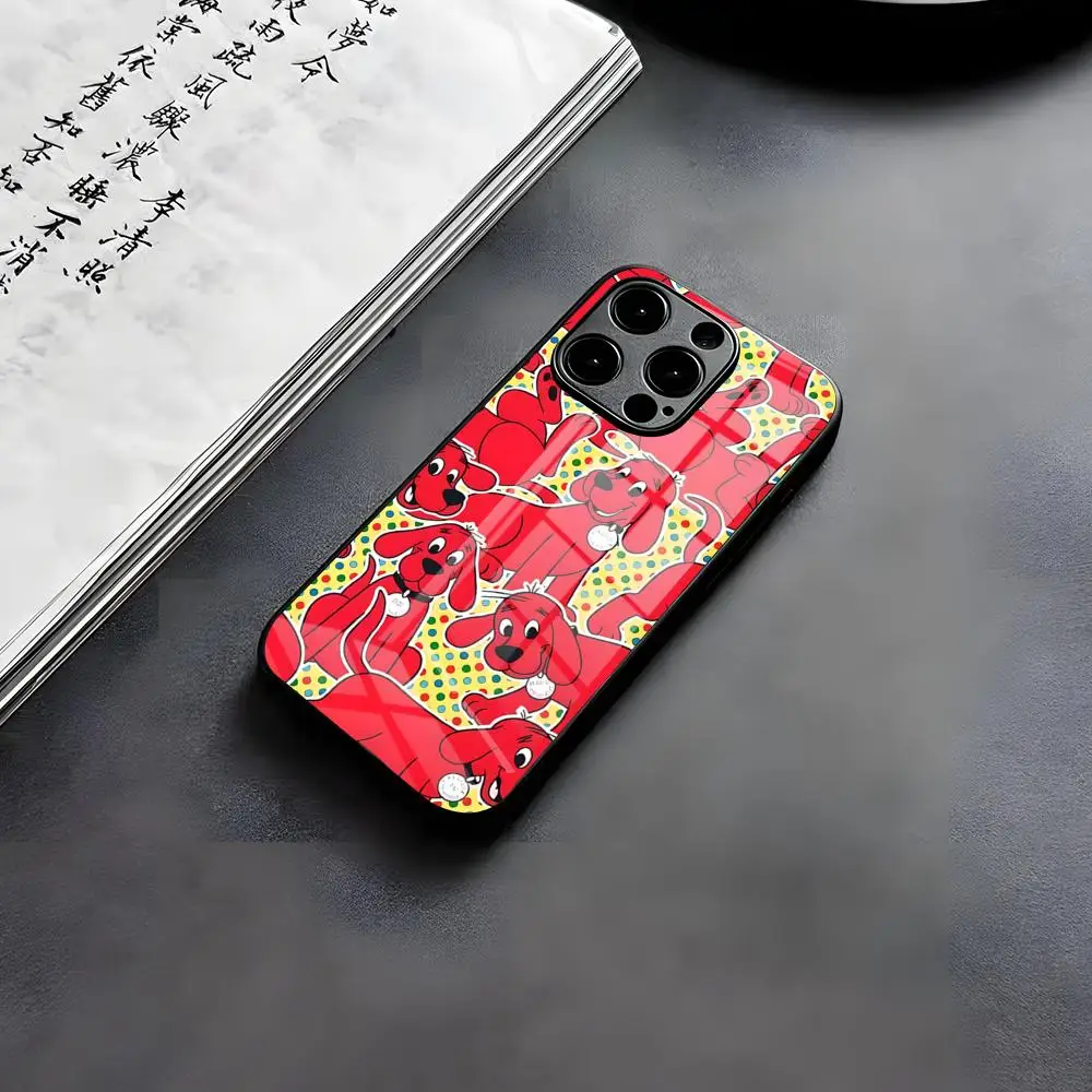 Cartoon Clifford The Big Red Dog Phone Case For IPhone 17 Air 16 E Pro Max 15 14 13 Mini 12 Pro 11 Max Plus Black Glass Cover