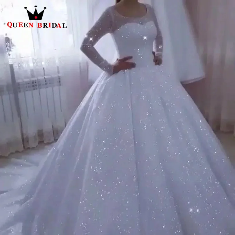 Requintados vestidos de casamento com lantejoulas, manga comprida, o-pescoço, até o chão, vestidos de noiva elegantes, personalizados, H07X, 2024