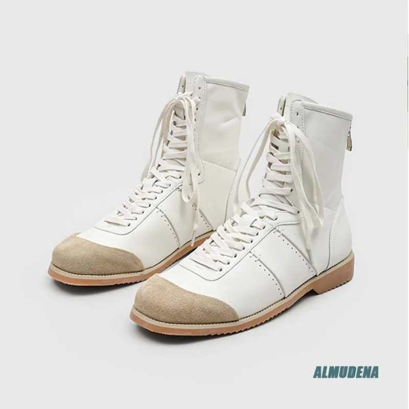 Two-Tone Retro Round Toe Lace-Up High-Top Boots Men's Low Heel Back-Zip Street Style Urban Versatile Everyday Wear Shoes