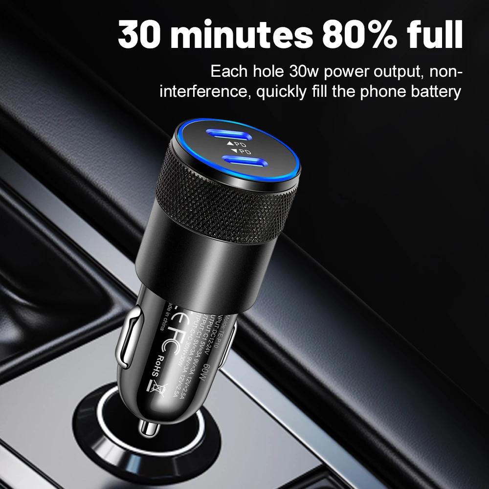 60W USB C Car Charger, USB-C Cigarette Lighter Adapter Fast Charging Dual Port PD3.0 Type C Power Plug Compatible with iPhone Ga