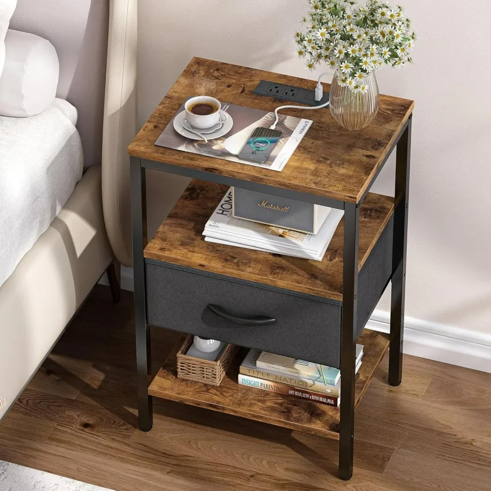 

Nightstand With Charging Station Night Table Room 3-Tier Storage End Table for Living Room Rustic Brown and Black Bedside Tables