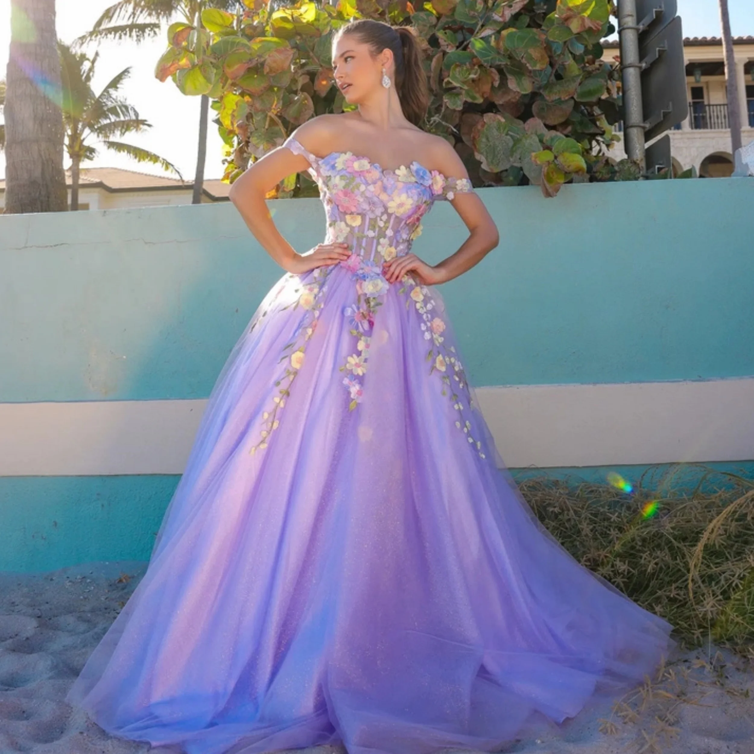 

Linda Customized Prom Dresses for Women Colorful Flowers Appliques Evening Gown Off Shoulder Open Lace Back Cocktail Robes