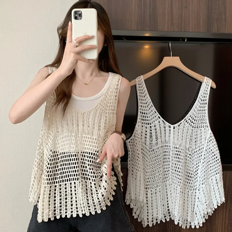 Crocheted Hollow Knitted Vest Vest Women's Autumn Outerwear New Korean Style Retro Loose Sleeveless Camisole Top Blouse