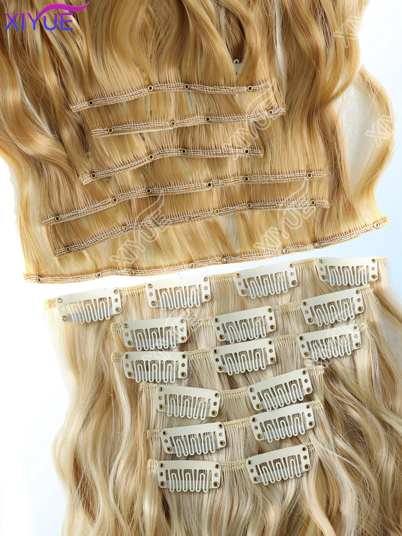 XIYUE synthetische clip-in haarextensies 24 inch lange watergolf haarverlenging voor vrouwen volledig hoofd synthetische haarextensies