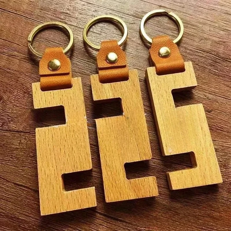 

Custom Logo Log Wood Phone Holder Keychain Laser Engrave Portable DIY Keyring Personalize Wooden Key Chains Pendant Gift