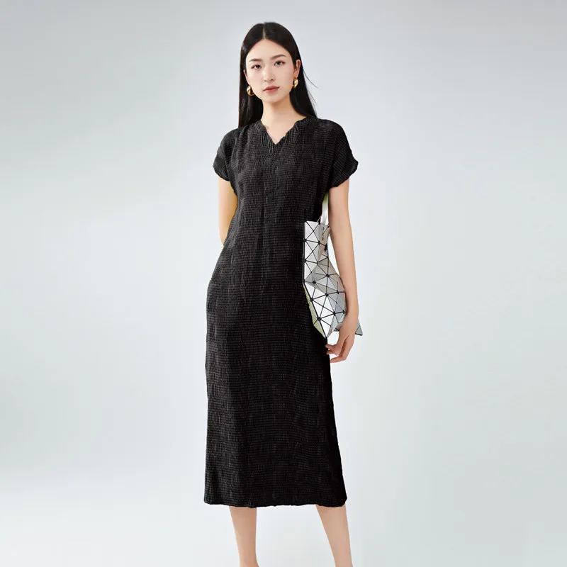 

Summer Dress V Neck For Women 45-75kg Short Sleeve Loose Stretch Miyake Pleated Lace-up Waistbelt Dresses