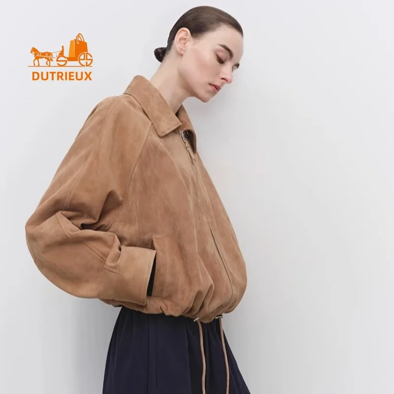 Winter Women's Suede & Leather Lapel Drawstring Short Leather Jacket, 100% Genuine Sheepskin Gorgeous and Elegant Leather Coat