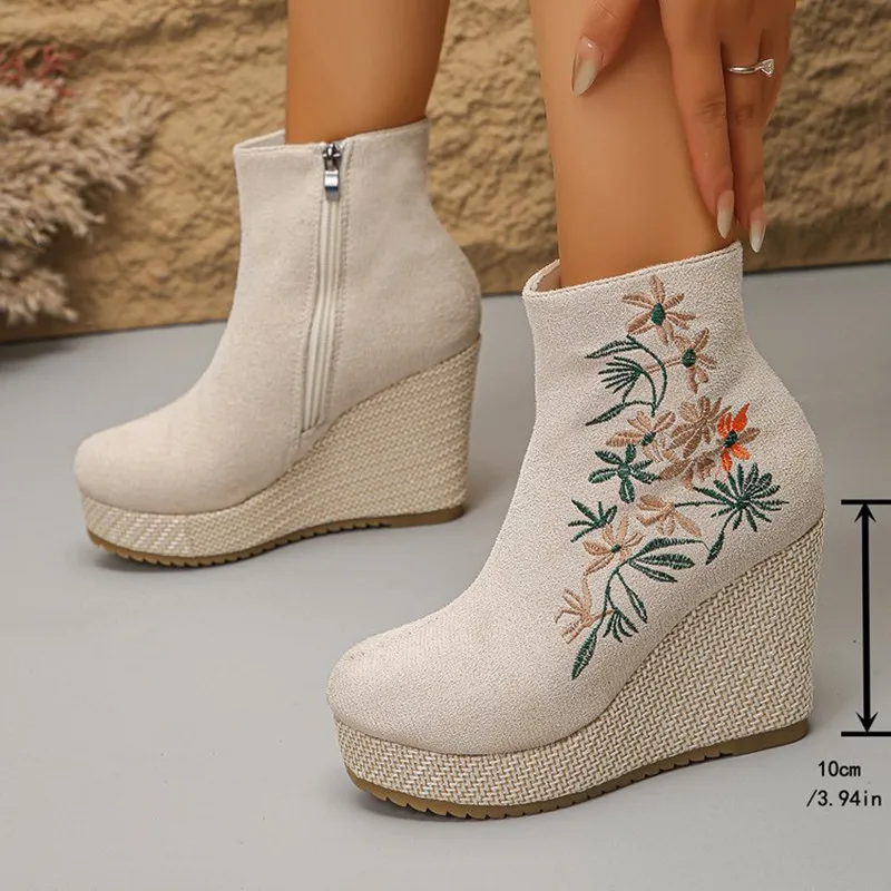 2026 Spring Autumn New Embroidery Design Women's High Heel Ankle Boots Fashionable Solid Zipper Wedge Casual Women Single Shoes